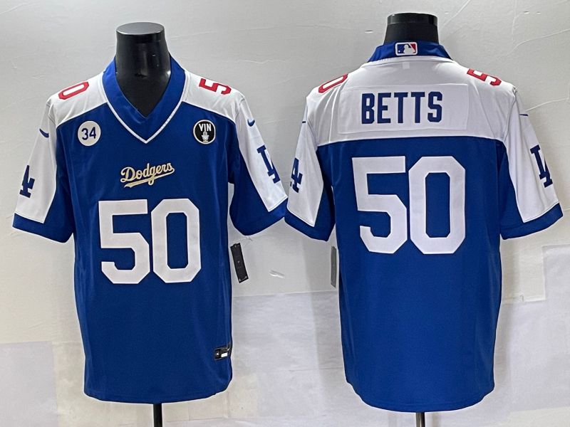 Men 2025 Los Angeles Dodgers 50 Betts Blue white Nike MLB Jersey style 7074